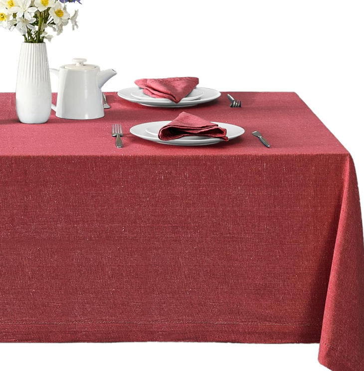 Burgundy Solid Color Cotton And Linen Tablecloths, Machine Washable - Image 2