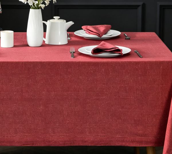 Burgundy Solid Color Cotton And Linen Tablecloths, Machine Washable