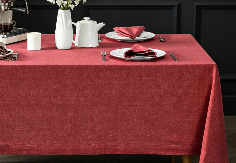 Burgundy Solid Color Cotton And Linen Tablecloths, Machine Washable