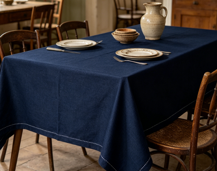 Navy Blue Pure Cotton And Linen Tablecloths, Durable And Wrinkle-Resistant - Image 2