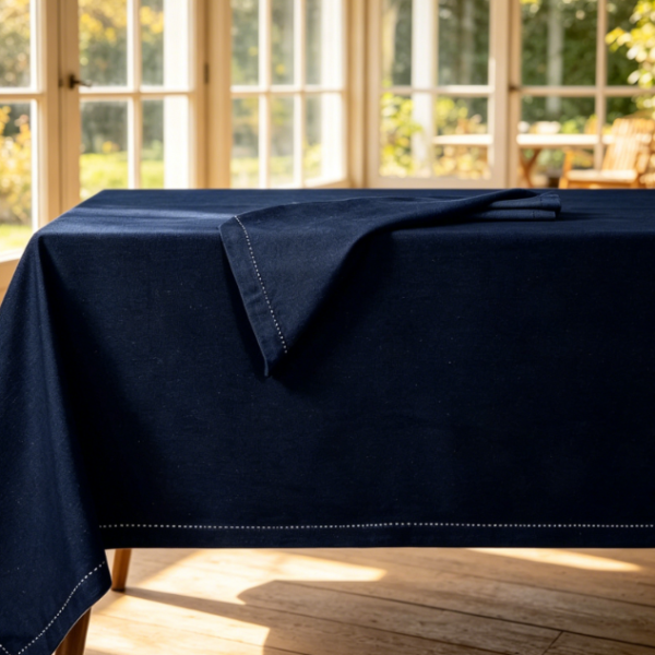 Navy Blue Pure Cotton And Linen Tablecloths, Durable And Wrinkle-Resistant