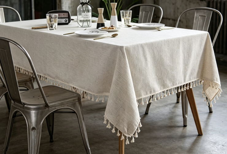 Beige Tassel Solid Color Cotton And Linen Tablecloths, Washable - Image 2