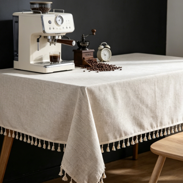 Beige Tassel Solid Color Cotton And Linen Tablecloths, Washable