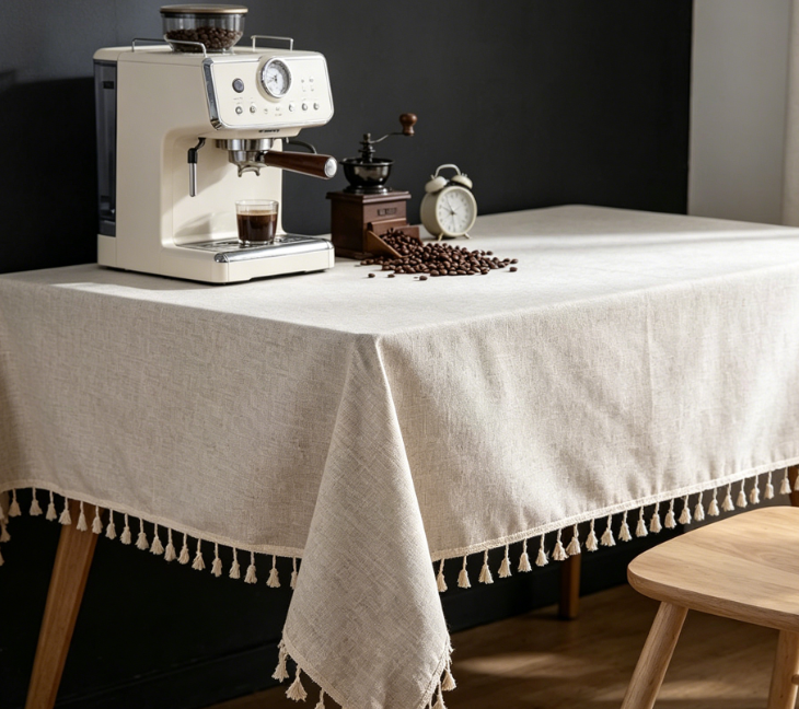 Beige Tassel Solid Color Cotton And Linen Tablecloths, Washable