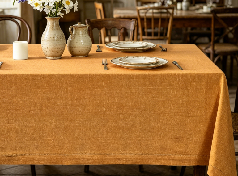 Gold-Edged Solid Color Cotton And Linen Tablecloths, Machine Washable - Image 2
