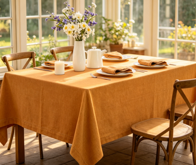 Gold-Edged Solid Color Cotton And Linen Tablecloths, Machine Washable