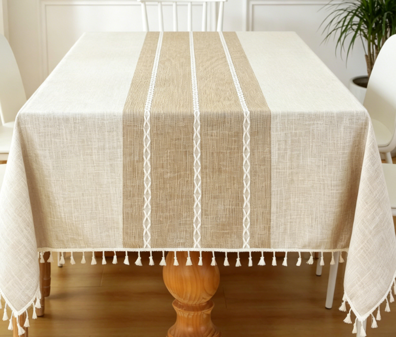 Country Style Solid Color Cotton And Linen Tablecloths, Waterproof Tassels
