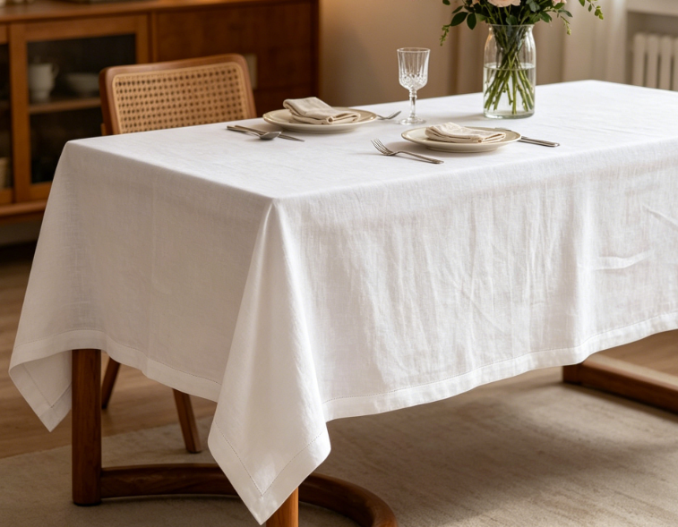 White Pure Linen Tablecloths, Overlocked Edges, Machine Washable - Image 2