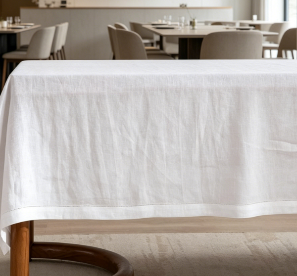 White Pure Linen Tablecloths, Overlocked Edges, Machine Washable