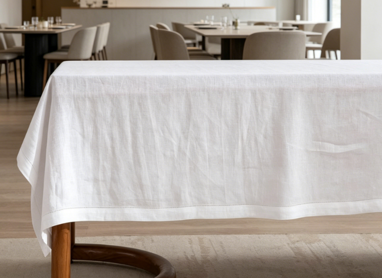 White Pure Linen Tablecloths, Overlocked Edges, Machine Washable