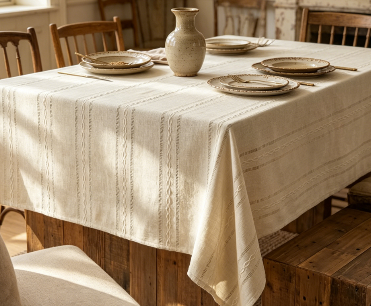 Beige Solid Cotton And Linen Tablecloths, Wrinkle-Resistant, Washable - Image 2