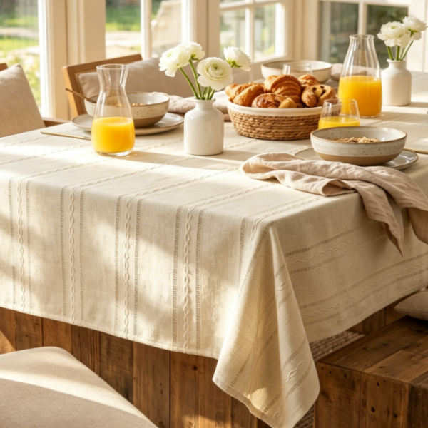 Beige Solid Cotton And Linen Tablecloths, Wrinkle-Resistant, Washable