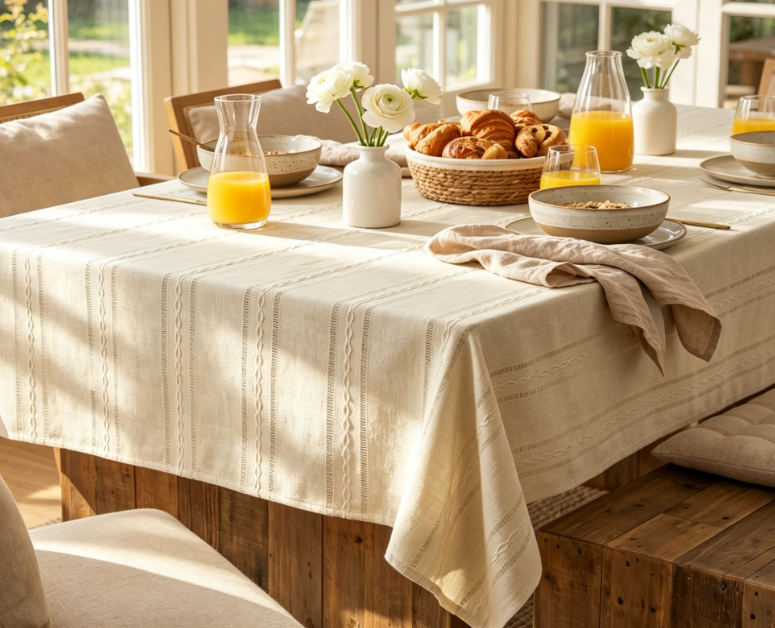 Beige Solid Cotton And Linen Tablecloths, Wrinkle-Resistant, Washable
