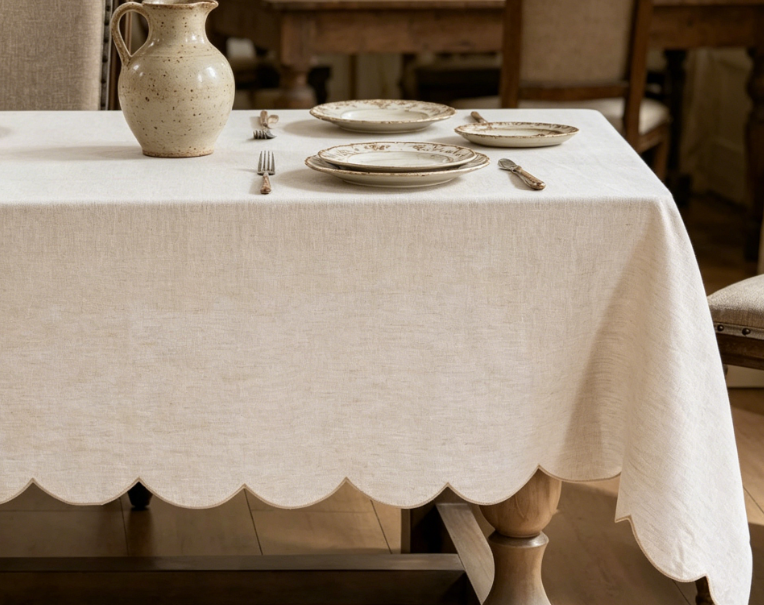 French Pure Linen Tablecloths, Fan-Shaped Embroidered Edges - Image 2