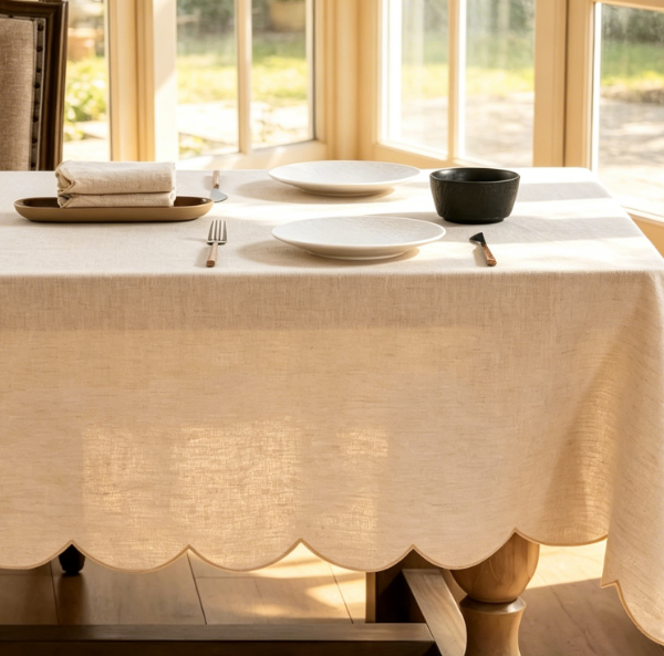 French Pure Linen Tablecloths, Fan-Shaped Embroidered Edges