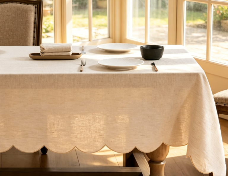 French Pure Linen Tablecloths, Fan-Shaped Embroidered Edges
