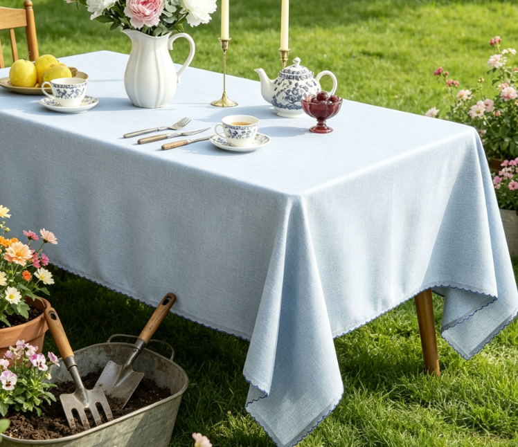 Sky Blue Pure Cotton And Linen Tablecloths, Embroidered Edges - Image 2