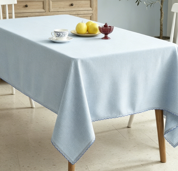 Sky Blue Pure Cotton And Linen Tablecloths, Embroidered Edges