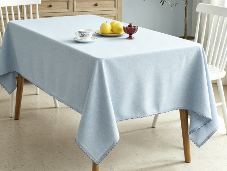 Sky Blue Pure Cotton And Linen Tablecloths, Embroidered Edges