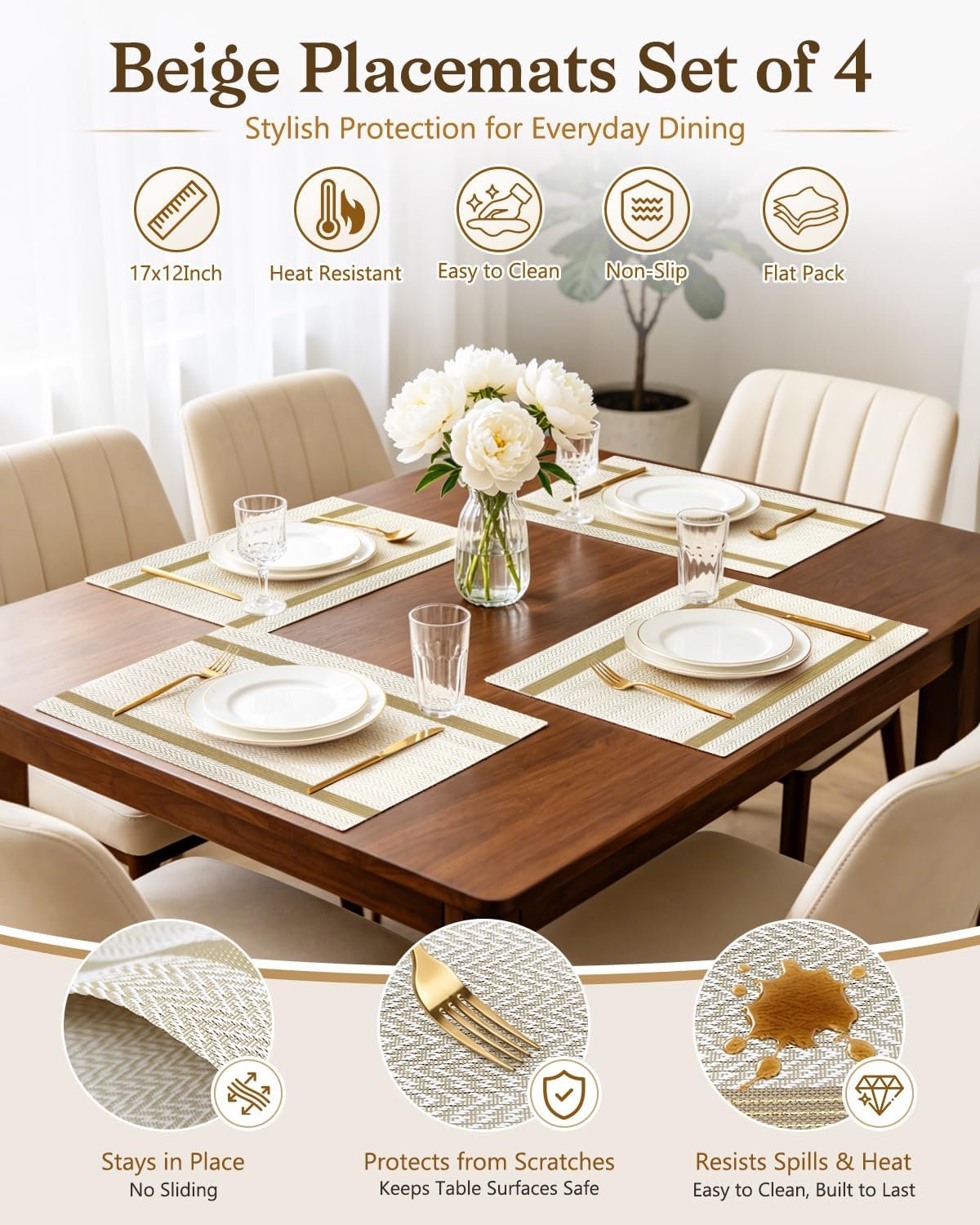 Beige Woven Placemat, Heat-Resistant, Non-Slip, Washable - Image 2