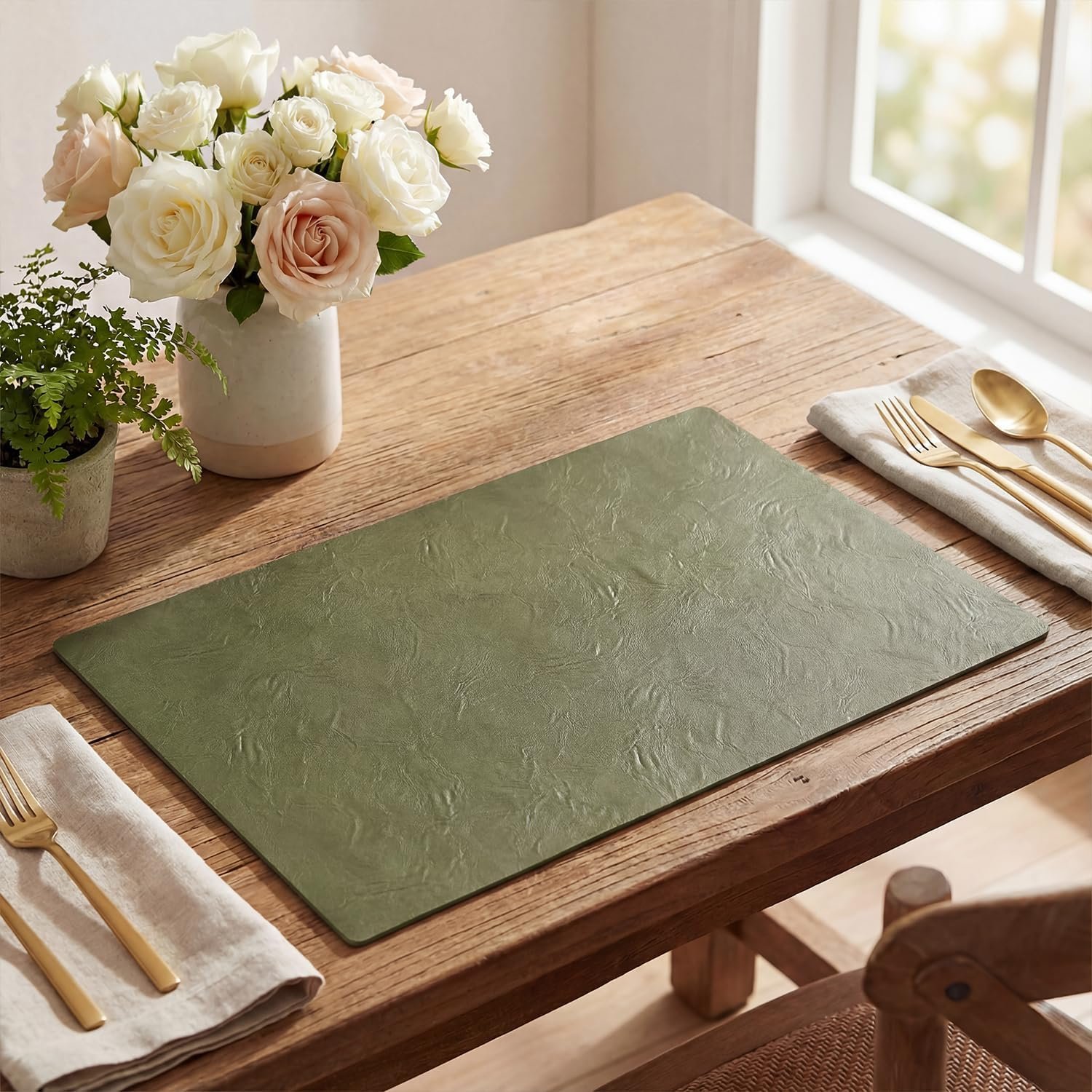 Olive Green Faux Leather Placemat, Waterproof, Wipeable, Heat-Resistant
