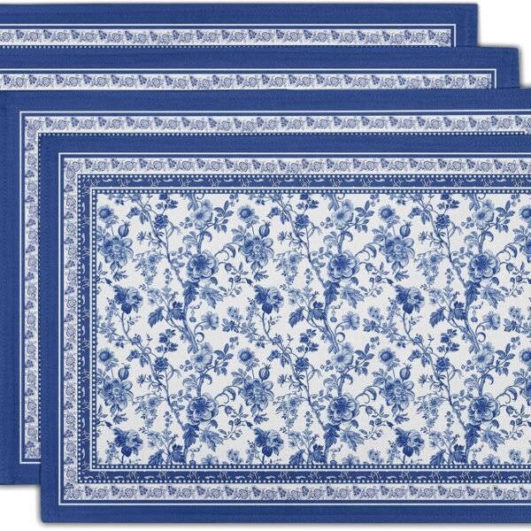 Blue Floral Placemat, Chinoiserie-Style Washable Linen