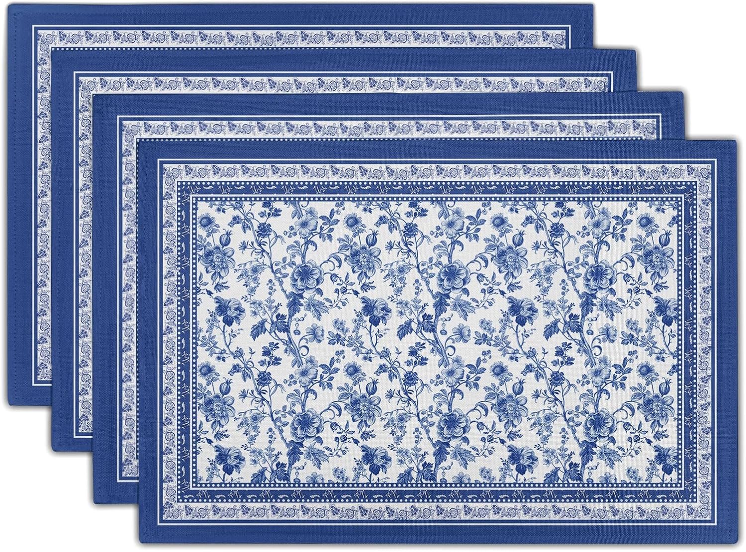 Blue Floral Placemat, Chinoiserie-Style Washable Linen