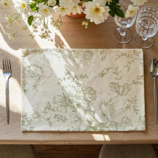 Floral Linen Placemat, Farmhouse-Style Green Table Mat