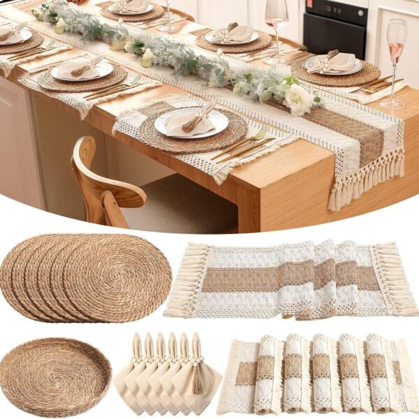 Boho Table Runner And Placemat Set, Woven Round Decor
