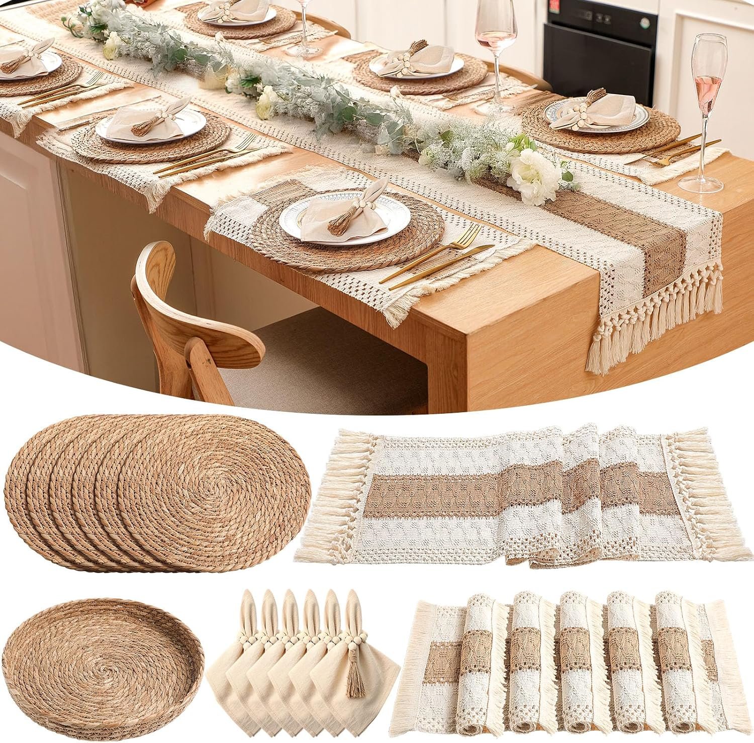 Boho Table Runner And Placemat Set, Woven Round Decor