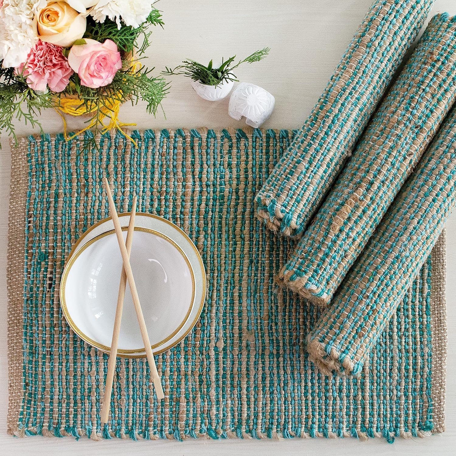 Blue Jute Placemat, Handmade Rustic Boho Style