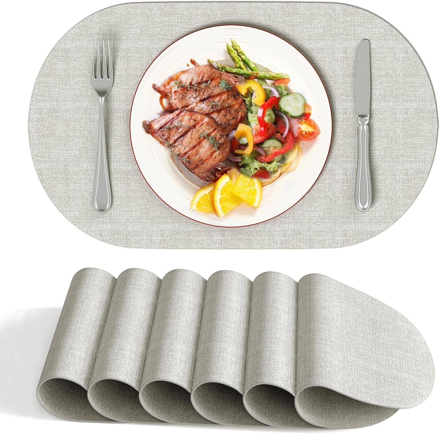 Oval Faux Leather Placemat, Gray Table Mat